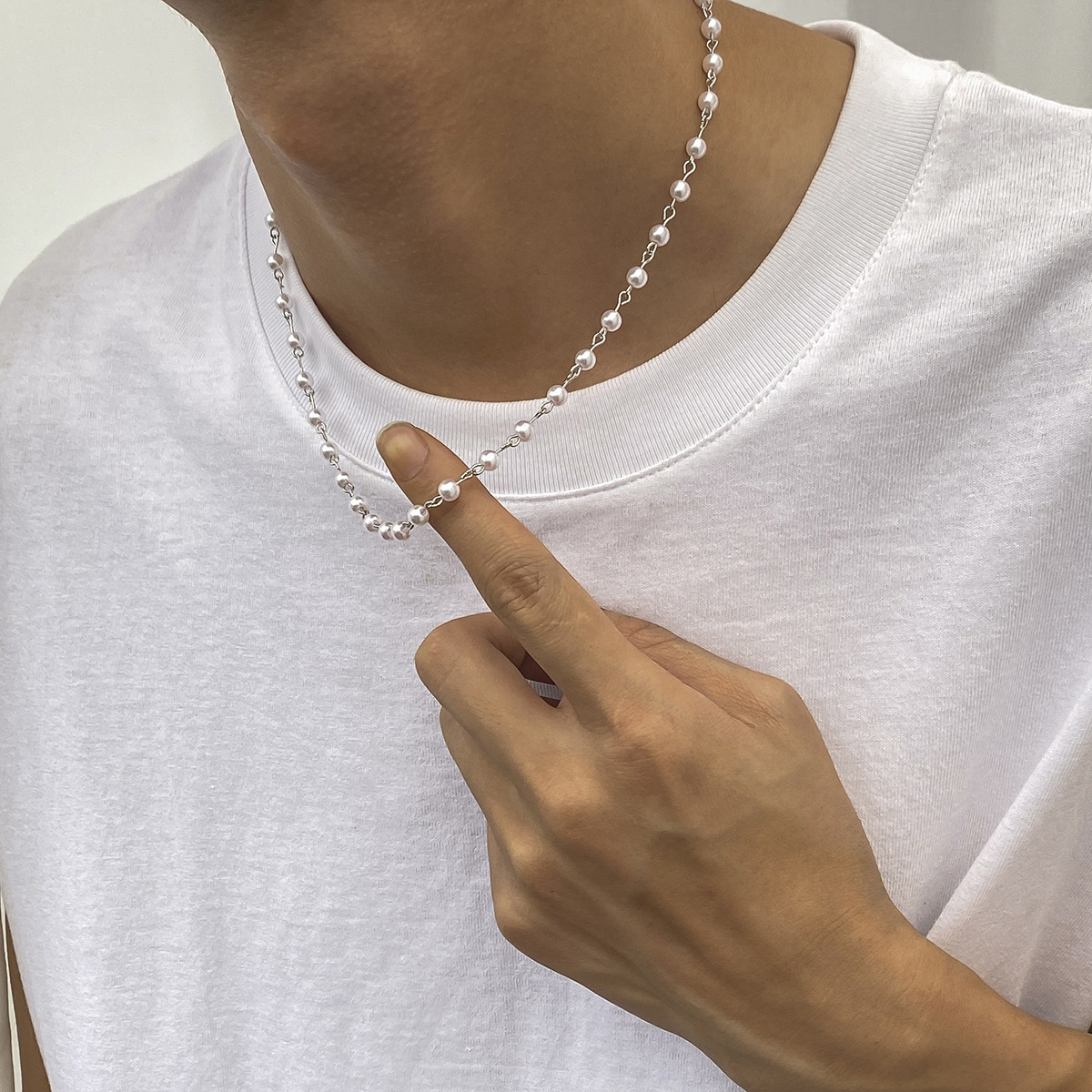 9g Weight Pearl Inlay Material Necklace Classification Men'S Hip-Hop Fashion Necklace Geometric Splicing Iron Pearl Men's Chain Necklaces