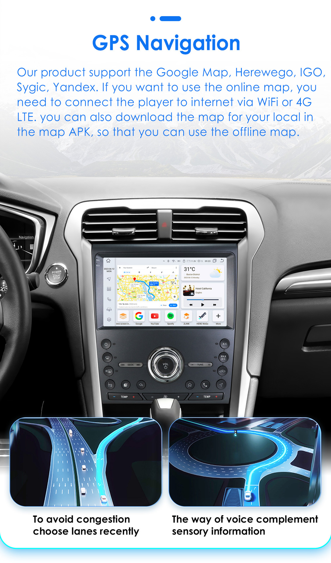 Compatible with Ford Mondeo and Ford Fusion 2nd generation (models 2013-2019) large-screen Android car navigation with CarPlay