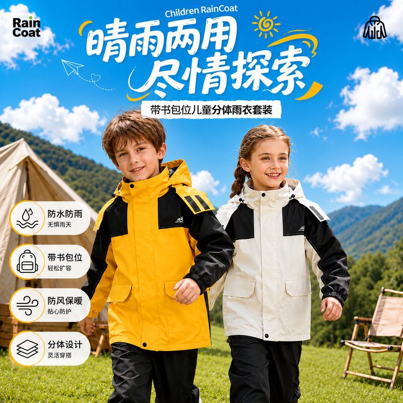 Children's raincoat and rainpants set, two-piece with backpack space, waterproof, suitable for boys and girls, specially designed for primary and middle school students Children's raincoat and rainpants set, two-piece with backpack space, waterproof, suitable for boys and girls, specially designed for primary and middle school students