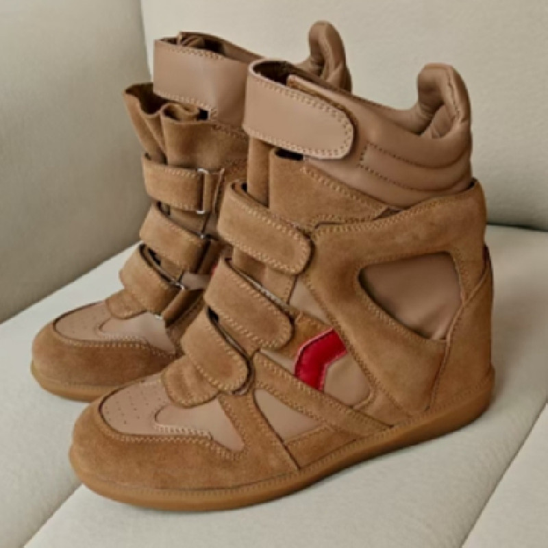 Invisible Inner Height Increasing Shoes for Women 2025 Autumn New High-Top Shoes Color Matching Round Toe Velcro Sports Casual Shoes Hiking Shoes