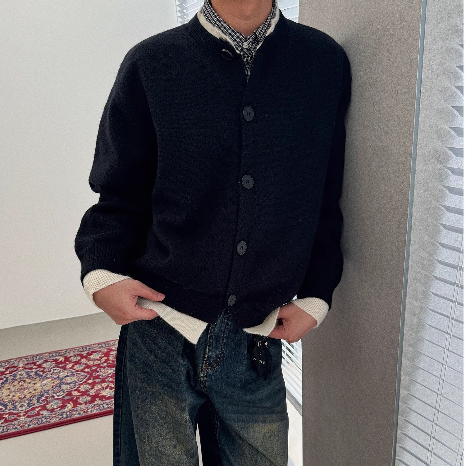 American College Two Pieces Cardigan Suéter Hombre Otoño Invierno Nuevo LazyCleanfit Color Contraste Camiseta