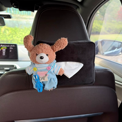 Creative car tissue box, car Car tissue box/set - black-plush-tissue-box-light-brown-bear-blue-striped-top-blue-overalls-blue-rabbit-pendant