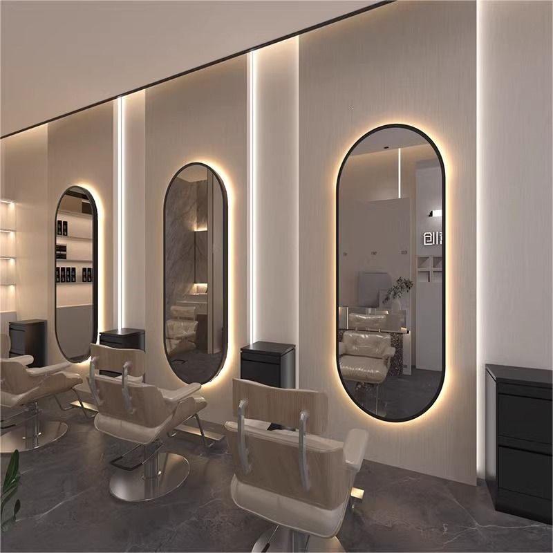 Espejo de peluquería simple, espejo especial para salón de peluquería, espejo de caída geográfica, mesa de peluquería red, lámpara de cinta roja luminosa unilateral, espejo inteligente de pared colgante image 29