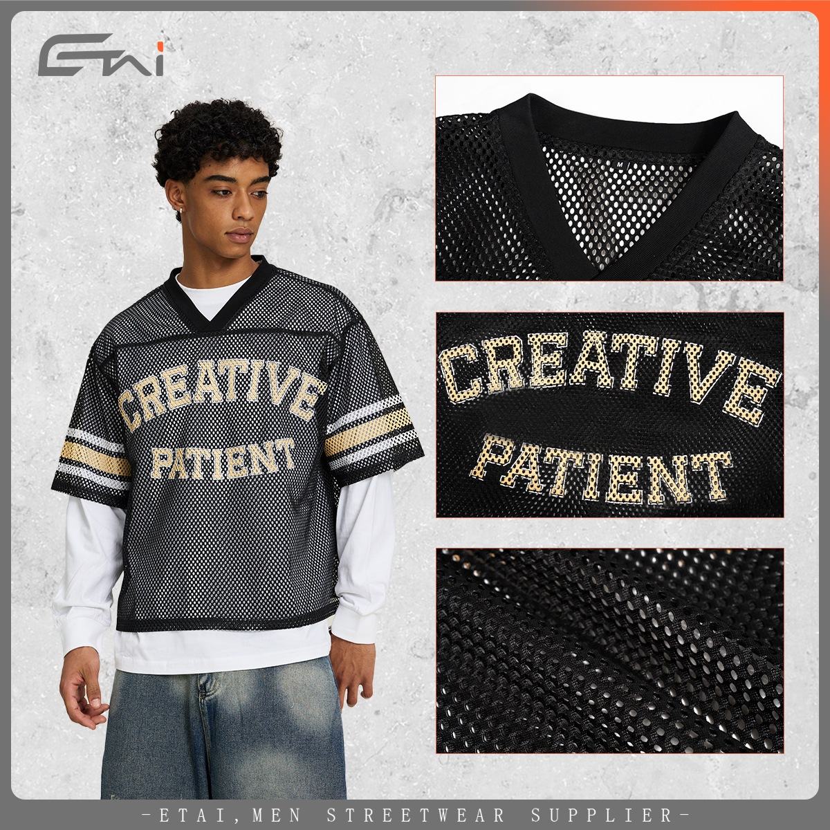 ETAI ropa de hombre alta calle americana hombre de verano mesh deporte casual de manga corta pareja marca de moda suelta camiseta de cuello en V