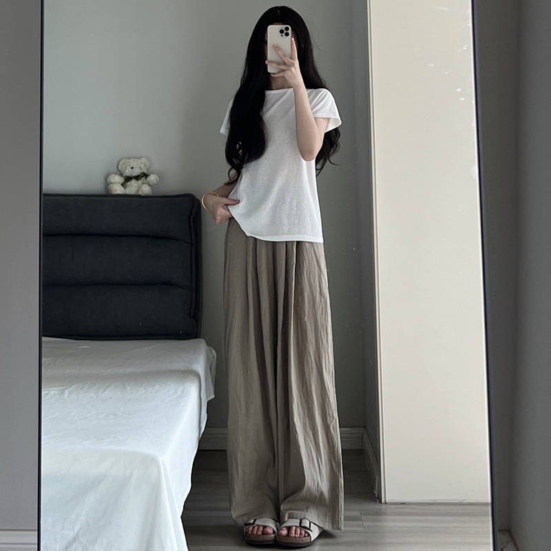 氷の糸の広腿のズボンの女性の夏の新型の高い腰の垂れ下がった感のゆったりしている薄いタイプのまっすぐな筒の禅の意の綿の麻の山本のズボンは曲がっているズボンを散歩します。|undefined