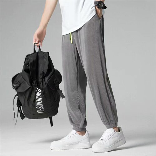 Men's Summer Pants, Thin and Loose Hemlen Pants, Korean Style, 9-inch Men's Sports Pants, Breathable and Cool Casual Bootcut Pants
