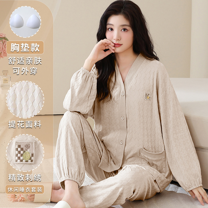 Spring and Autumn Season Cotton Long-Sleeved Cardigan Pajamas for Women with Breast Pads Casual Women's Loose Home Clothes Two-Piece Set Large Size