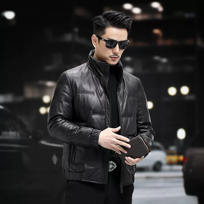 冬季新款海宁真皮羽绒服男羊皮夹克立领时尚男装机车皮衣P880
