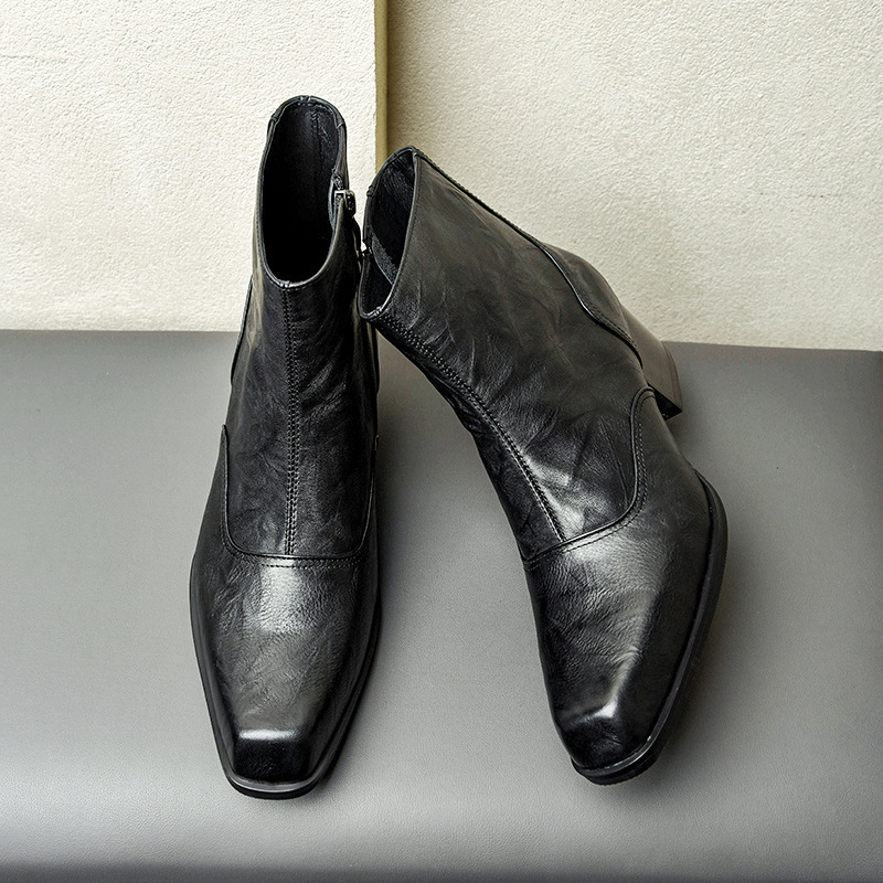 One-piece delivery autumn and winter new square toe high heel boots men's height increasing 5cm British side zipper leather ankle boots