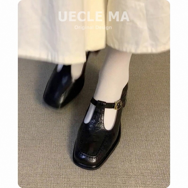 牛皮版~复古玛丽珍鞋中高跟不累脚粗跟法式单鞋女绝美方头小皮鞋|undefined