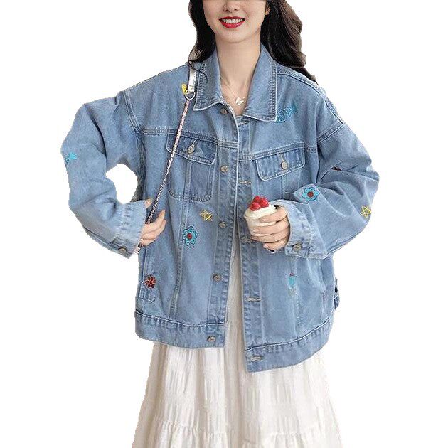 Áo khoác denim nữ thêu họa tiết, dáng suông, tay dài, cổ polo — màu xanh (chất lượng cao)