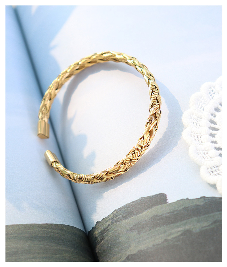 simple retro bamboo open bracelet woven jewelry titanium steel material plated 18k gold braceletpicture7