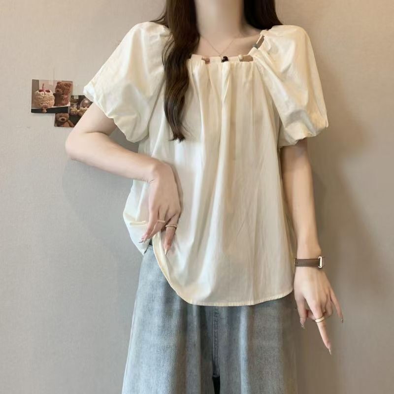 大码法式褶皱泡泡袖方领短袖女夏季新款胖mm宽松显瘦百搭上衣|undefined