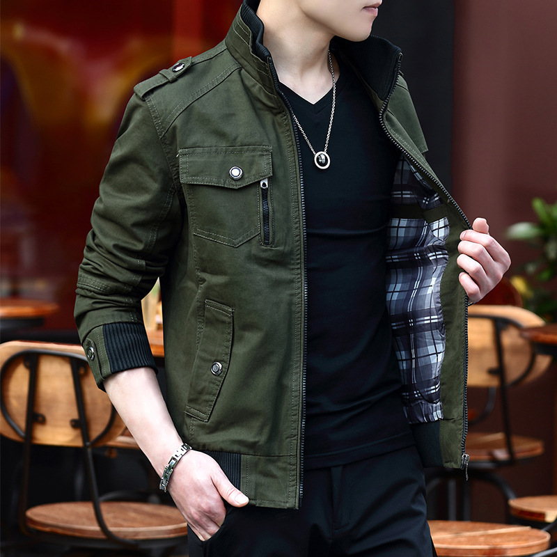2026 New Men's Jacket Korean Style Trendy Stand Collar Spring and Autumn Thickened Denim Workwear Pure Cotton Outerwear