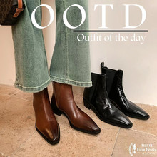 擦色头层牛皮切尔西靴女短靴2024冬新品小方头套脚粗跟女式单靴子