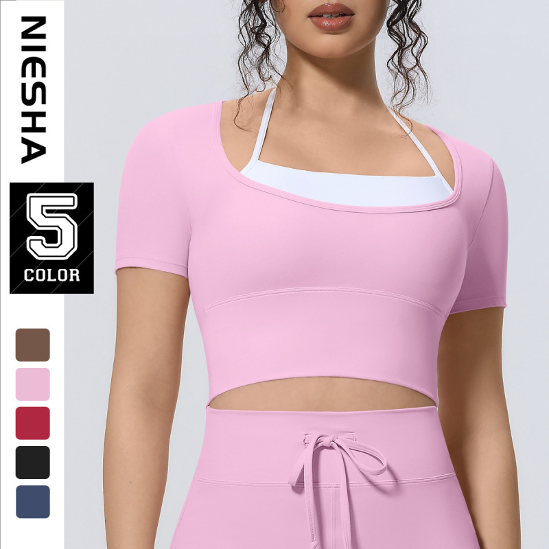 European and American Style Sports Short-Sleeve Color-Block Halter Neck Top with Chest Pads, Slim Fit, Breathable Yoga Running Training Naked-Feel Fitness Top for Women
