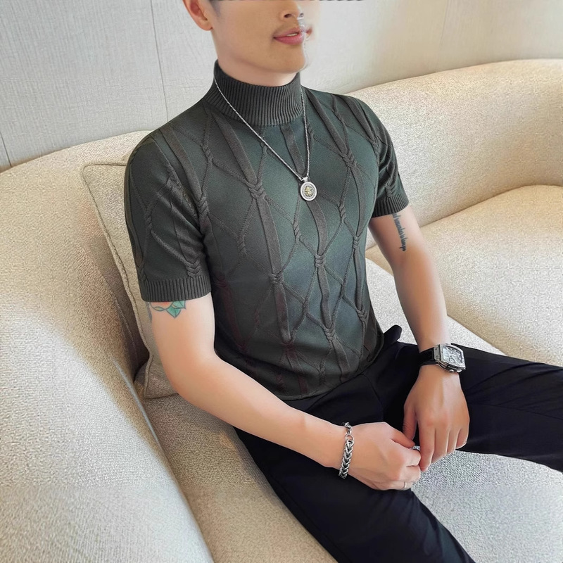 Diamond Pattern Half Turtleneck Short-Sleeved Knitwear Men's New Spring & Fall Trendy Brand Inner Layering Knitwear T-Shirt