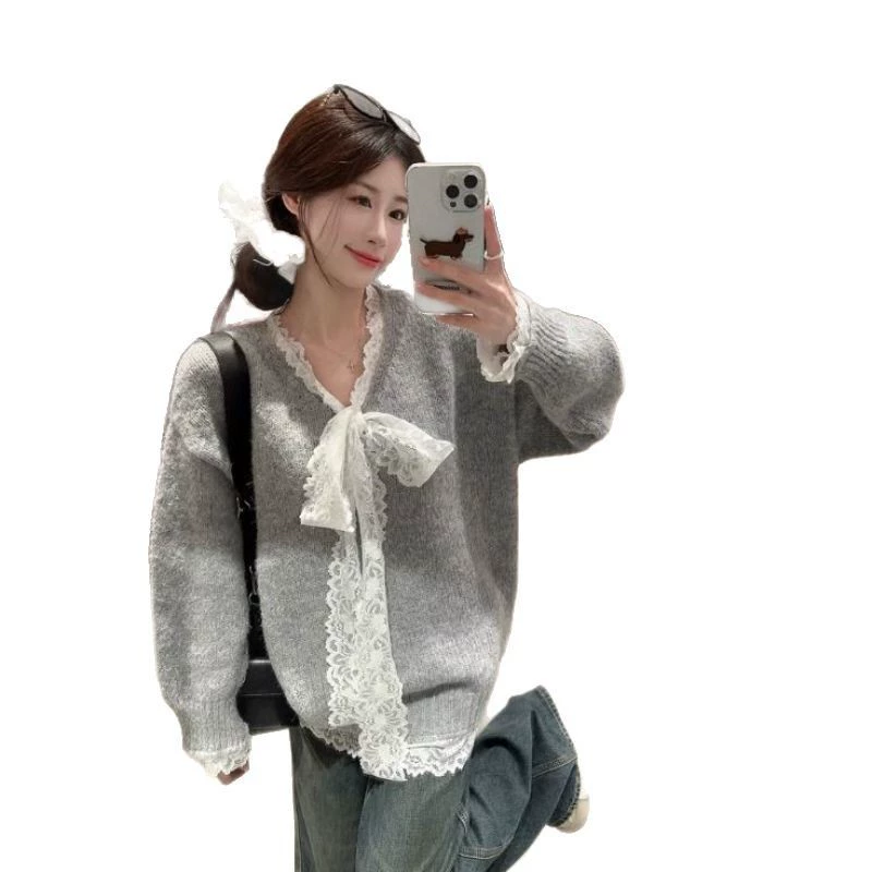 Лоскутное кружевное длинное свитер knitted цветной, французский стиль, стиль высокого качества, свободный крой, средней длины