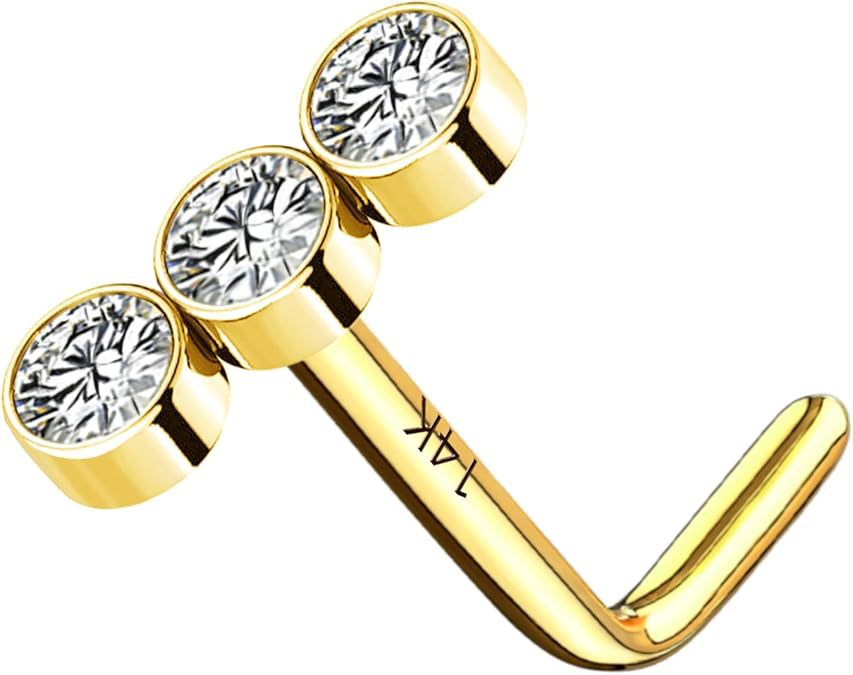 Stainless Steel Nose Stud With Three Diamonds One-word Design_voghion.com