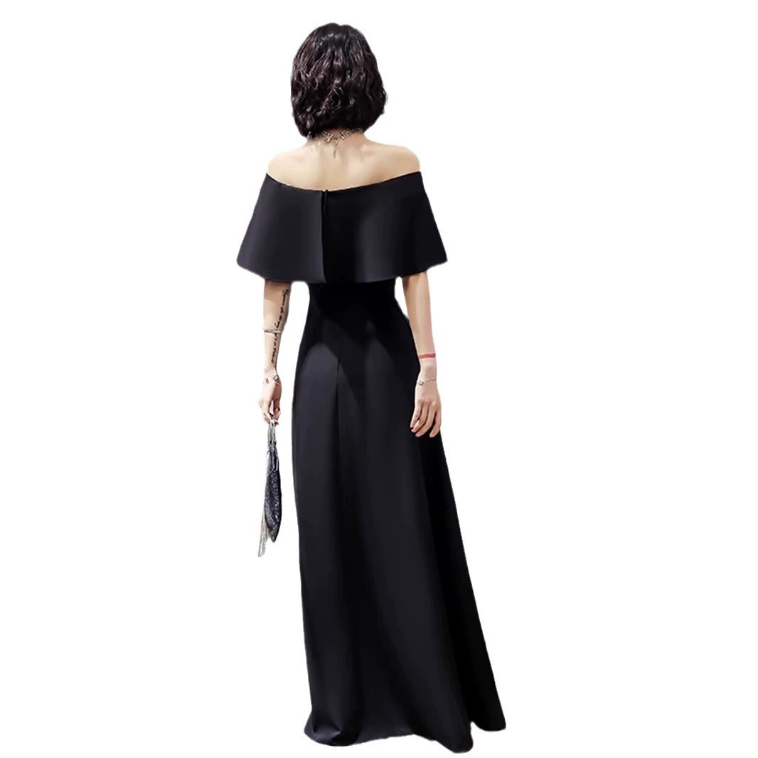 Black evening dress, elite long skirt, open shoulders, fitted