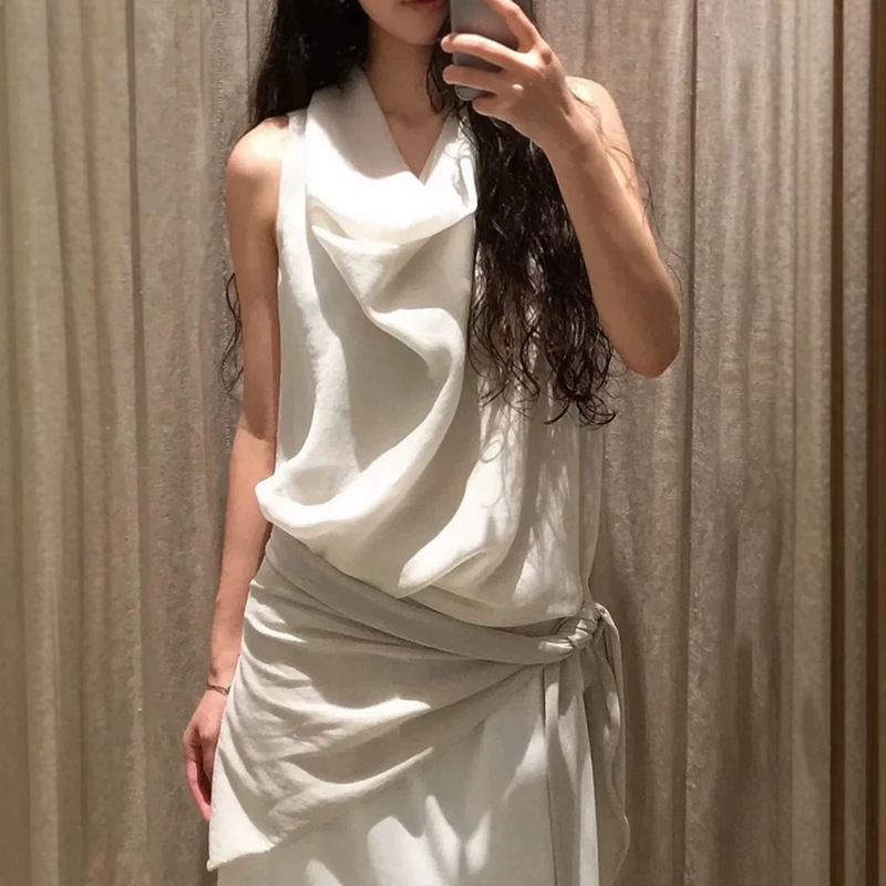 Now Available: H-Style Ruched Draped Sleeveless Tank Top for Women, Summer Korean Style, Double-Layered Lining, Slimming Solid Color Top Mono*A