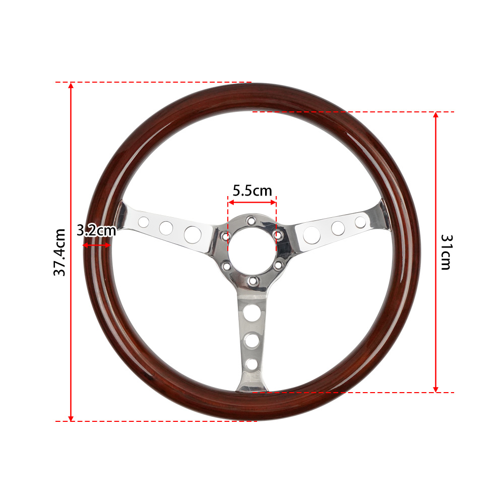 약간의 결함이 있는 두꺼운 3개의 둥근 구멍 원목 스티어링 휠