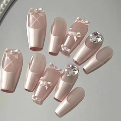 顯白芭蕾高級感堆鑽蝴蝶結法式氣質款半手工穿戴甲可拆卸美甲貼片