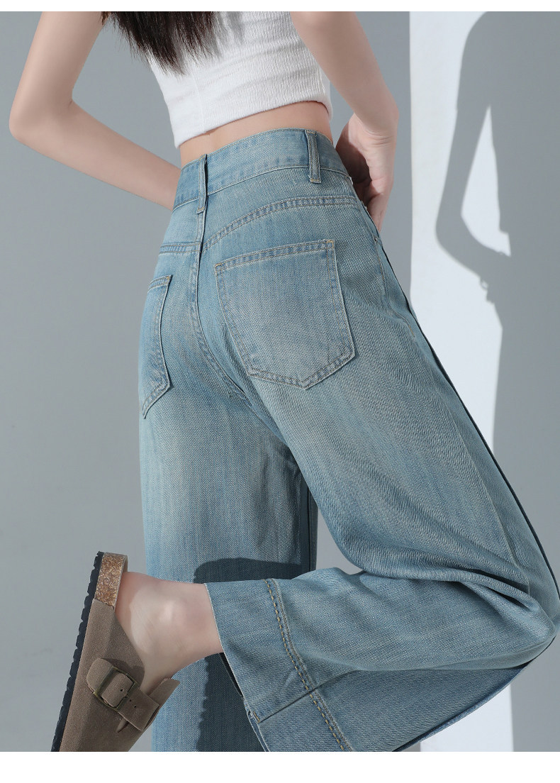 Quần jean ống rộng nữ cạp cao dáng suông vải Tencel xanh nhạt — Quần lửng màu xanh nhạt chi tiết 19