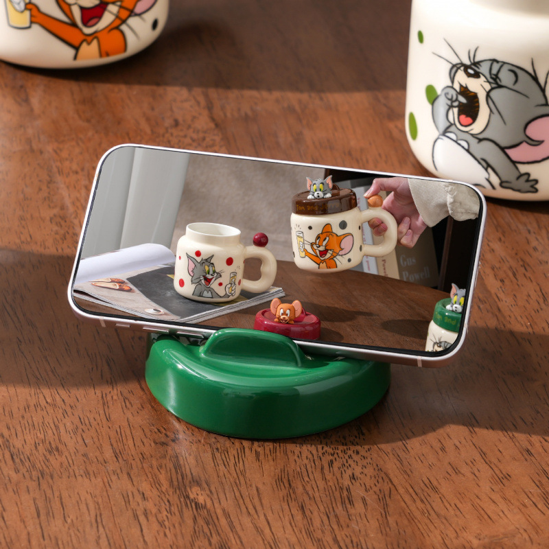 Gato y ratón con tapa de cerámica mug creativo encantador características divertidas originales soporte de teléfono de café taza de té