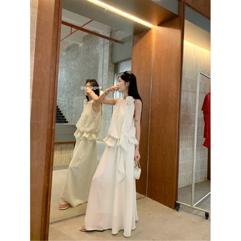 韩系温柔风套装女夏季2025新款挂脖无袖上衣垂感大摆半身裙两件套|undefined