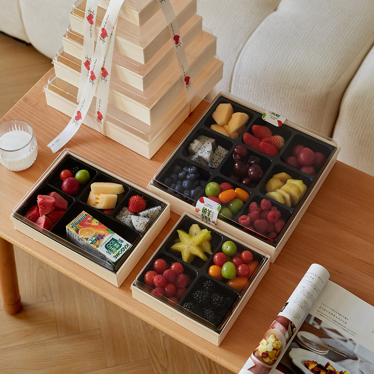 Caja de frutas cortadas de madera de Jiugongge, caja de frutas transparentes desechable, caja de conservación de frutas, caja de embalaje de grado alimenticio