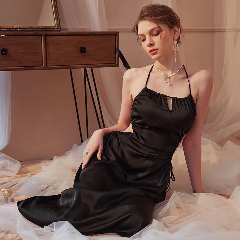 Summer nightdress with chest pad women's hollow ice silk pajamas super long nightdress women's thin small black dress women's summer tall