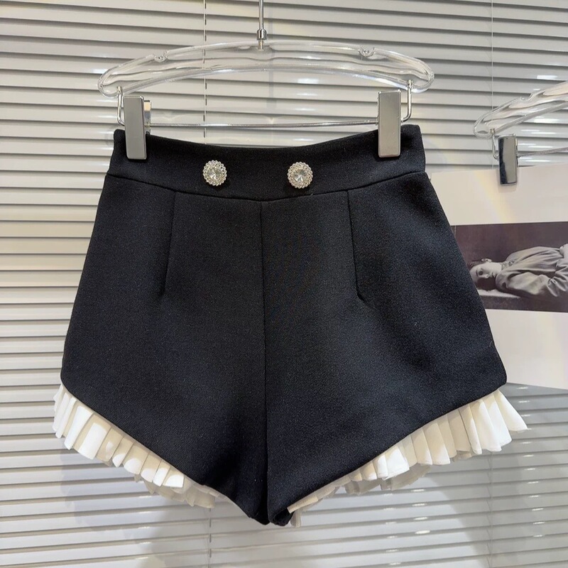 2025 Summer New Style Chanel Style Rhinestone Metal Buckle Pleated Lace Elegant Socialite Shorts