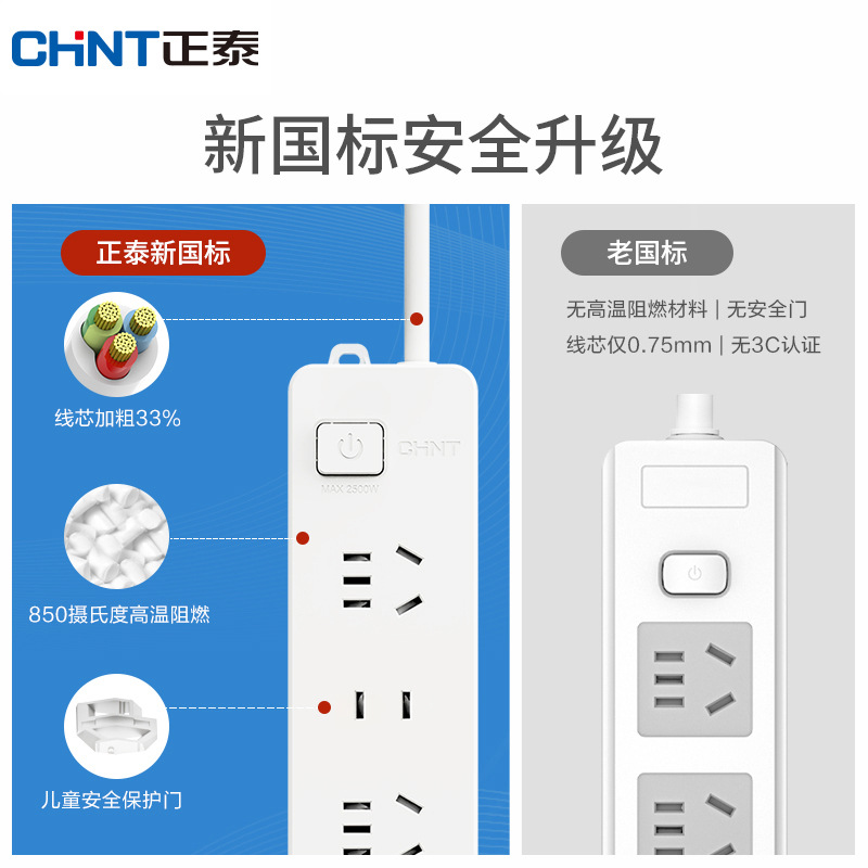 Chint safety door 2500w wired power strip high power 1.8 meters 3 meters 5 meters