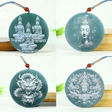 天然翡翠影雕吊坠缅甸翡翠A货龙牌山水牌蓝水佛牌豆青九龙观音吊