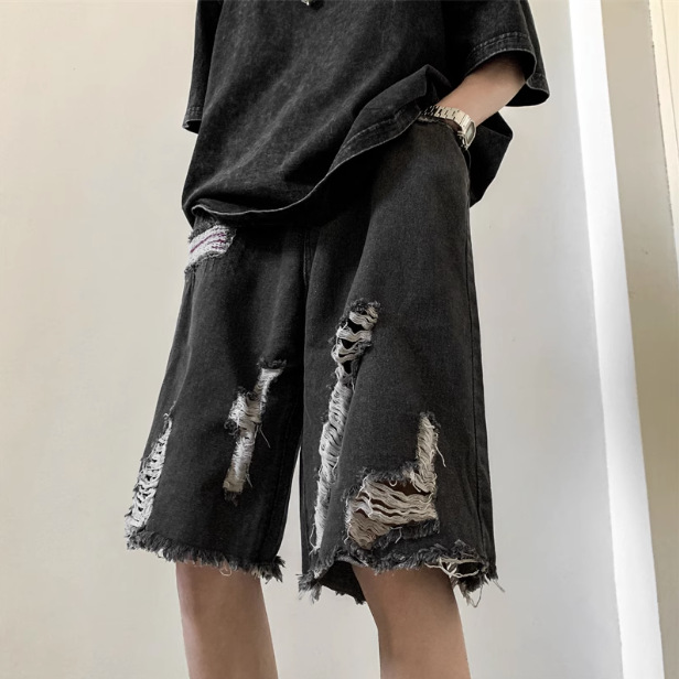 Men's Denim Shorts Trendy Brand Ripped Vintage High Street American Loose Design Five-Point Shorts Niche Summer Thin Style