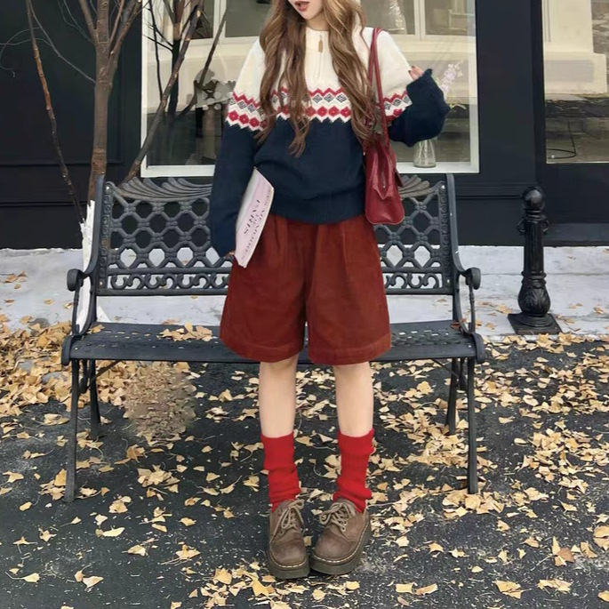 Lin Shiqi Nickidailyy Autumn Island! Contrast Color Tweed Fair Island Pullover Zipper Knitted Sweater for Women