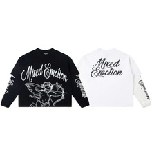 MIXED EMOTION美潮射箭小天使印花烫钻字母拼接假两件休闲长袖T恤