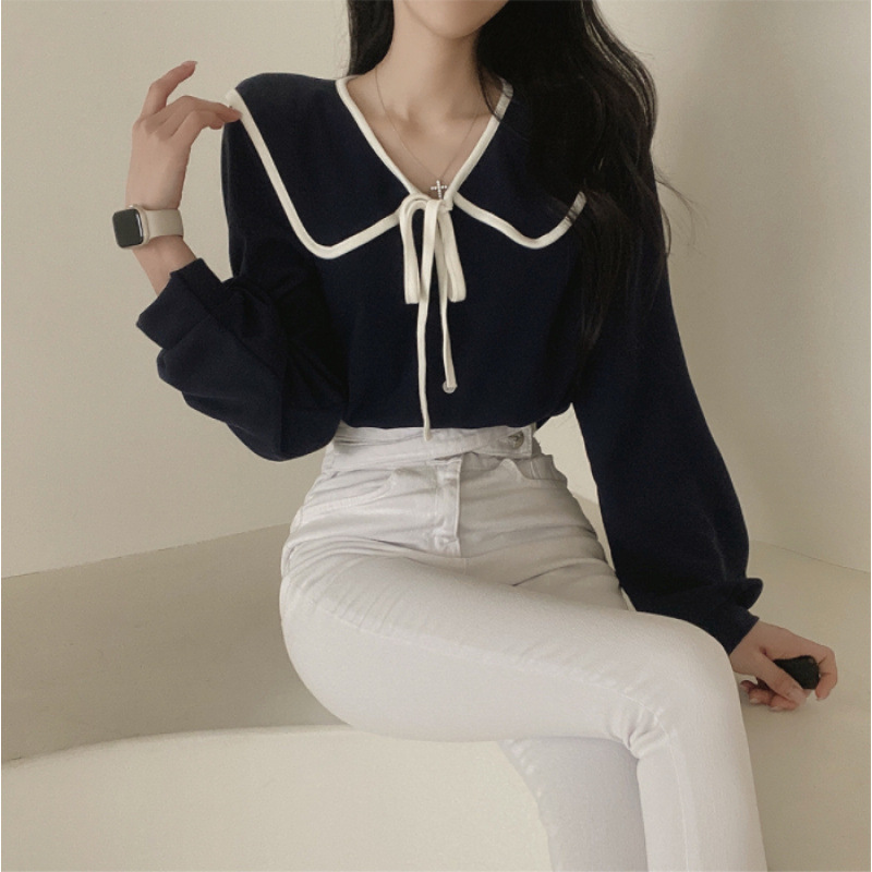 한국 CHIC2024 초기 봄 새로운 디자인 시대를 줄이는 젠틀 보우 레이스 업 인형 칼라 셔츠 탑