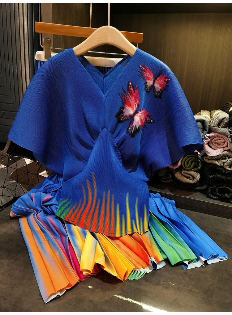 Elegant Butterfly Print Two Piece Set For Women V-Neck Short Sleeve Top & Pleated Midi Skirt Casual Mid-Calf Length Polyester_ecoleips.com