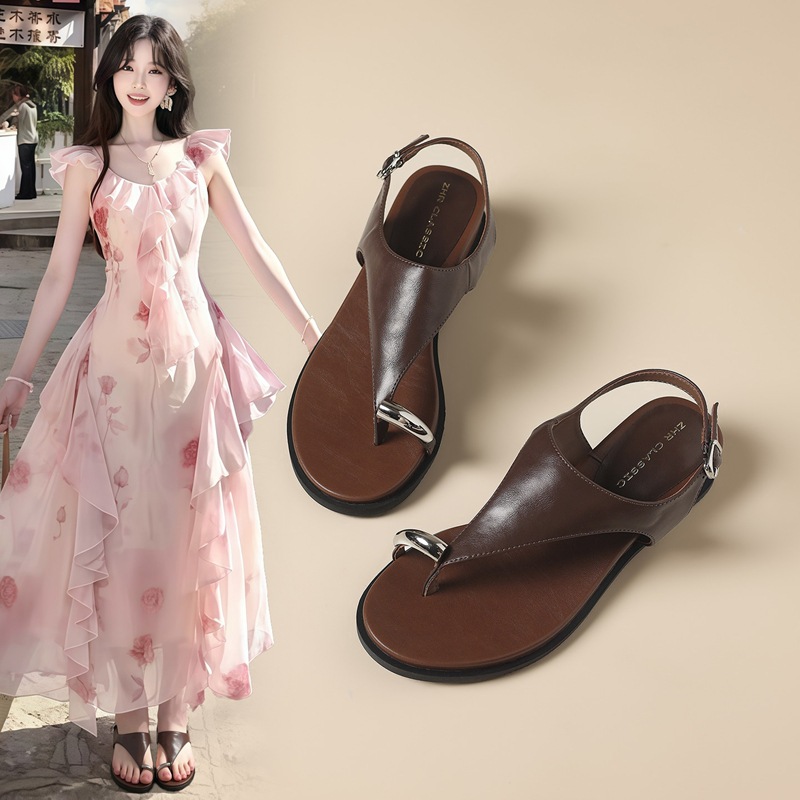 Sandal xỏ ngón nữ kiểu Pháp cổ điển phong cách La Mã đi biển — Q85 Màu be