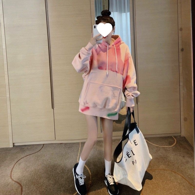 粉色连帽卫衣春秋慵懒扎染潮牌宽松中长款上衣小个子渐变色外套
