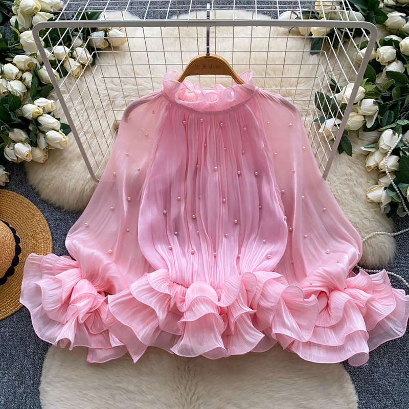 Sweet pink skin-friendly breathable ruffle blouse for women, summer long-sleeve pearl-decorated young lady's commuter top Sweet pink skin-friendly breathable ruffle blouse for women, summer long-sleeve pearl-decorated young lady's commuter top