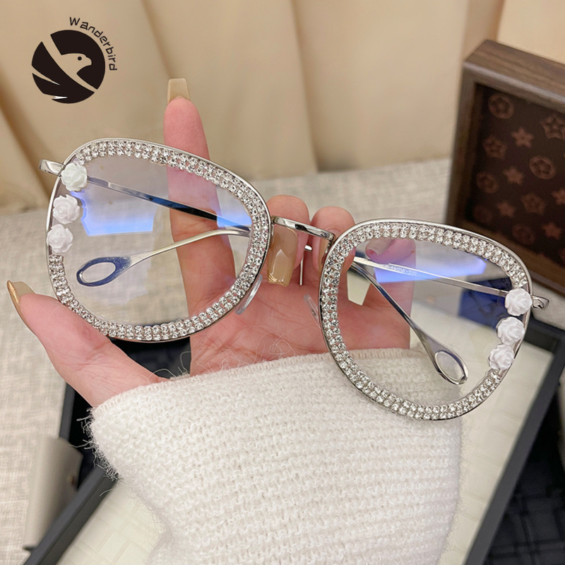 2025年新作ラージフレームメタルダイヤモンドフラットミラー、ヨーロッパとアメリカのクロスボーダー男女兼用紫外線防止メガネ|undefined