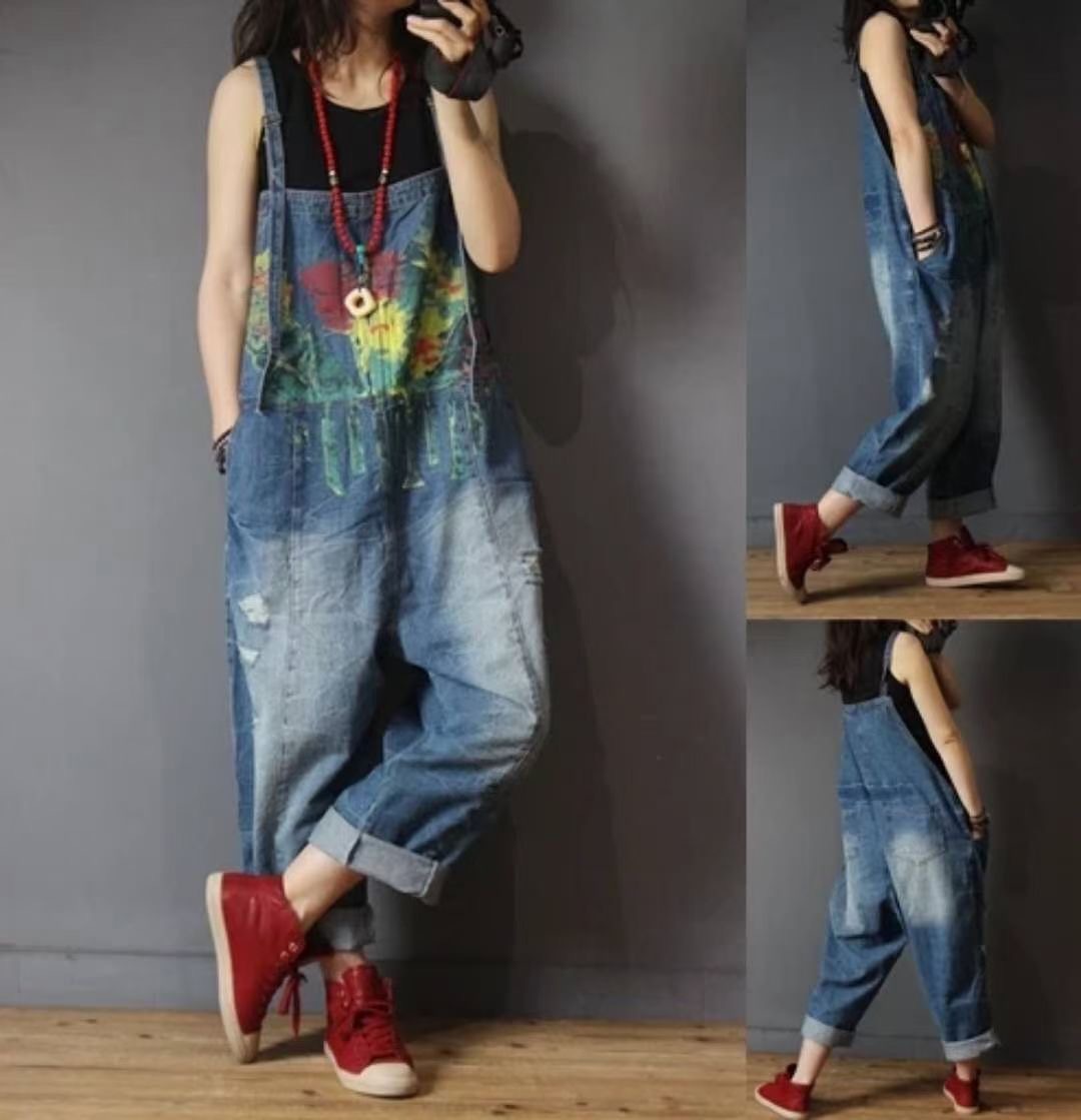 Blue Retro Print Denim Overalls