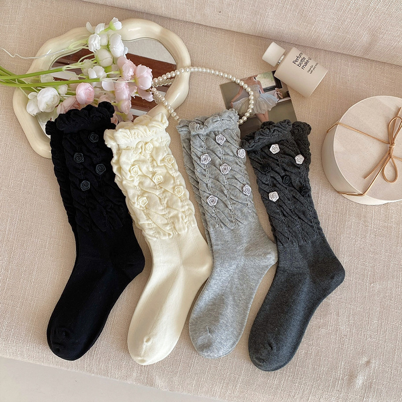 Heavy-Duty Floral Bud Socks for Women, Sweet Three-Dimensional Rose Long Tube Socks, Seamless Ruched Bubble Cuff Slouch Socks, Gray Socks