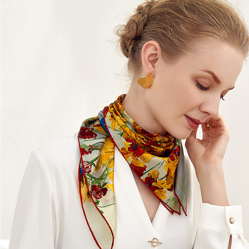 Silk Scarf Silk Scarf 100% Mulberry Silk 64cm Floral Style Chinese Square Scarf_voghion.com