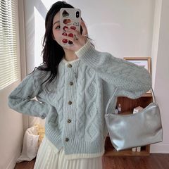 春秋法式软糯慵懒麻花针织开衫女上衣奶蓝色温柔风复古风毛衣外套