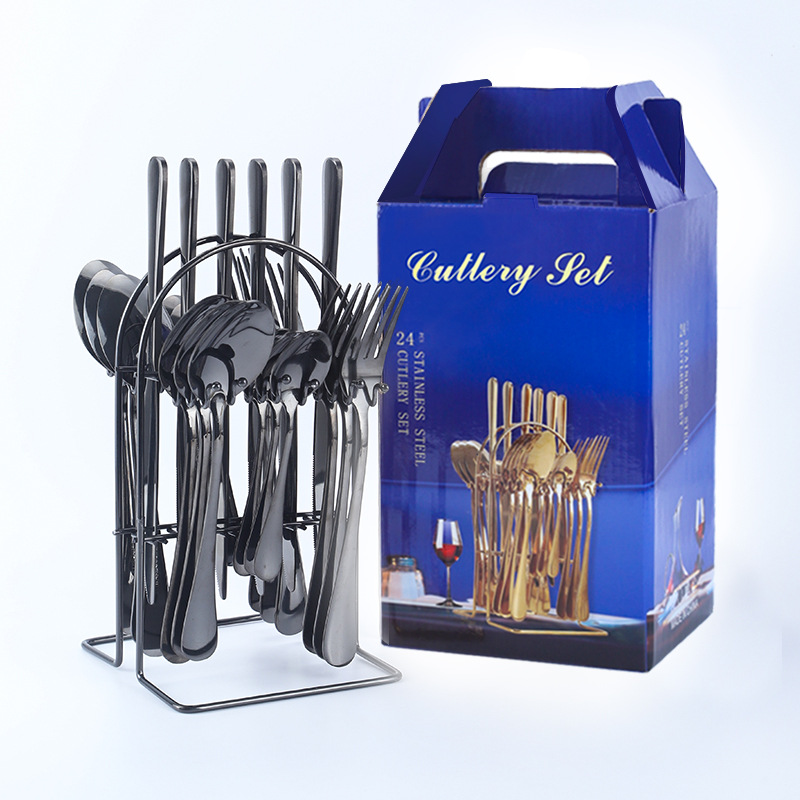 Amazon popular vajilla de acero inoxidable 24 piezas traje 1010 cuatro piezas principales cuchillo de comida occidental, tenedor y cuchara traje rack caja de regalo