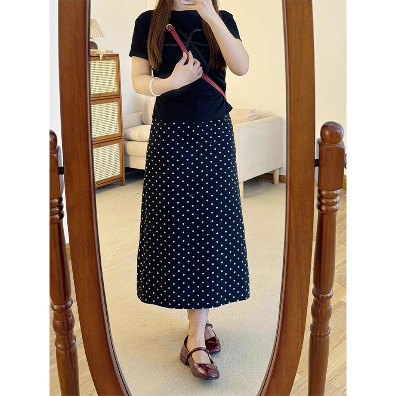 Acetate Satin Polka Dot Skirt Women's Summer High-Waist Slim Casual Versatile Slit A-Line Hip-Covering Mid-Length Skirt